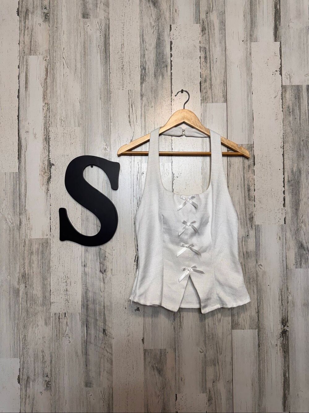 SHEIN White Tweed Halter Top Womens S 4 Coquette Satin Bow Open Drape Back
